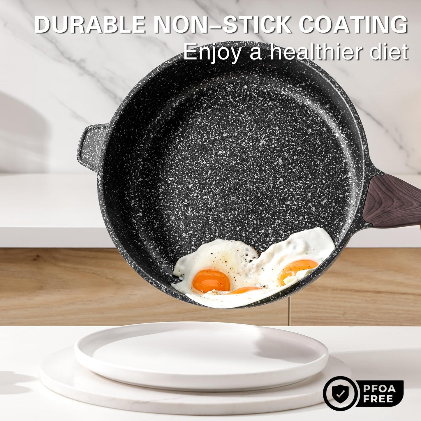 Kordisen Nonstick Deep Frying Pan, 26 cm Skillet with Lid, Granite Stone Saute Pan for Cooking, Induction Cookware, Compatible with All Stovetops,