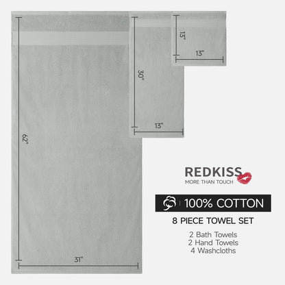 REDKISS 8 Piece Grey Towels Set with Hanging Loop-Quick Drying & Soft