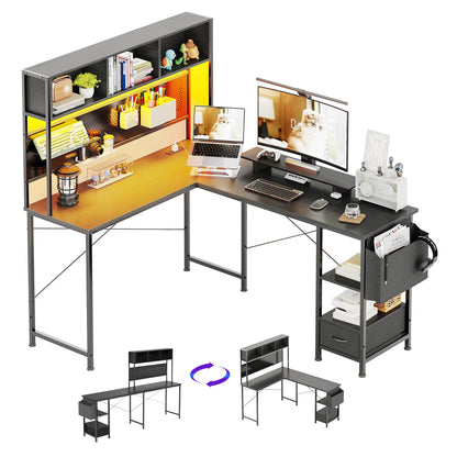 CAIYUN 148x120cm L-Shaped Corner Gaming Desk, Reversible Computer Workstation with RGB LED Lighting, Charging Socket, Pegboard Organizer