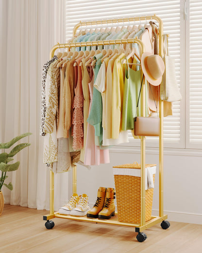 Sakugi Double Rod Clothing Rack Shoe Shelf & Hooks, 73x42x150cm, Gold