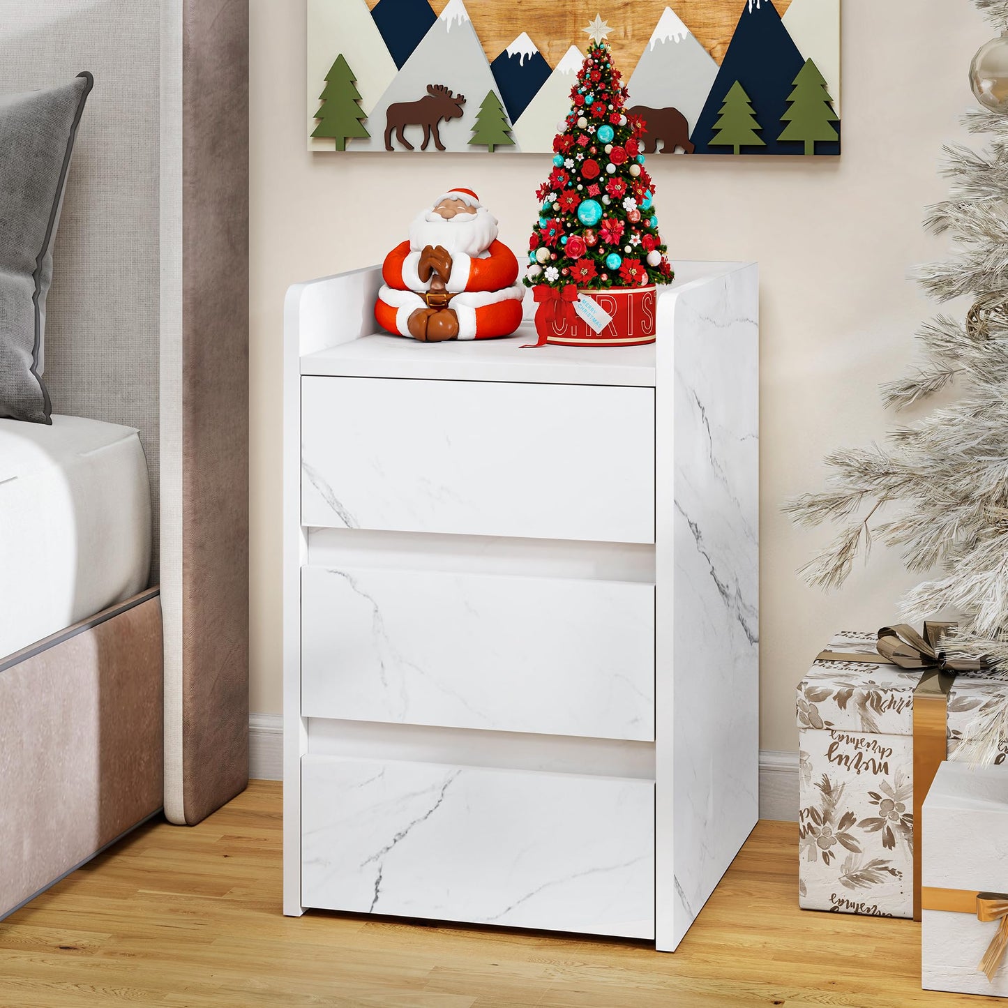 YITAHOME Bedside Table with 3 Drawers and Power Station, Modern Nightstand End Table, Water-Resistant Storage Side Table for Living Room and Bedroom