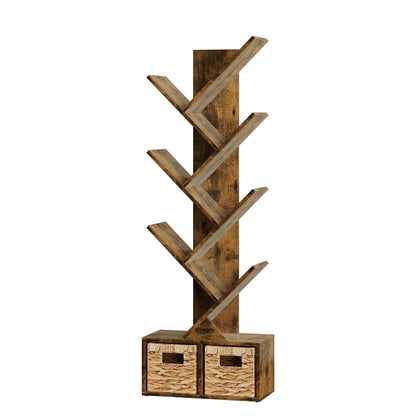 Vagusicc 6 Tier Tree Bookshelf with 2 Storage Baskets, Tall Display Shelf Organizer for Books, Magazines, Home Decor