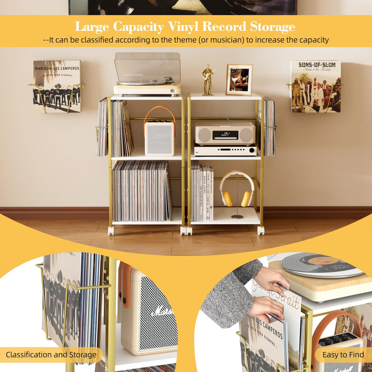 Bikoney Rolling Record Player Stand with Vinyl Storage for 150 Albums, Gold