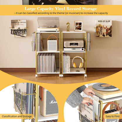 Bikoney Rolling Record Player Stand with Vinyl Storage for 150 Albums, Gold