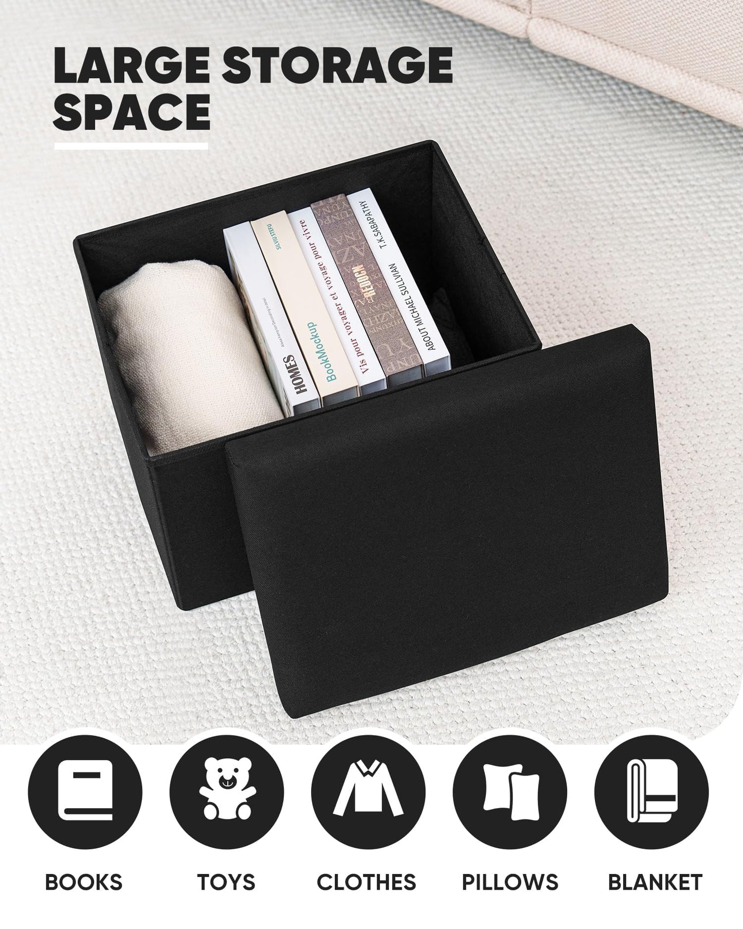 Bonlife Black Ottoman Storage Box - Foldable Rectangular Footstool for Living Room, Kids Toy Chest with Lid, Multi-Use Seat & Storage, 42x32x32 cm