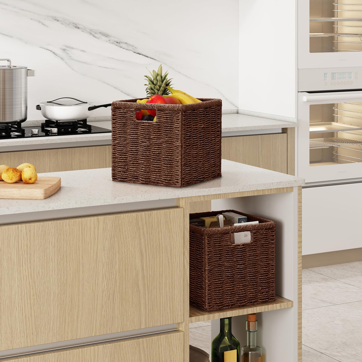 Vagusicc Wicker Storage Basket, Foldable Storage Cubes Organizer Bins, Handwoven Storage Baskets for Shelves Closet Wardrobe Bathroom