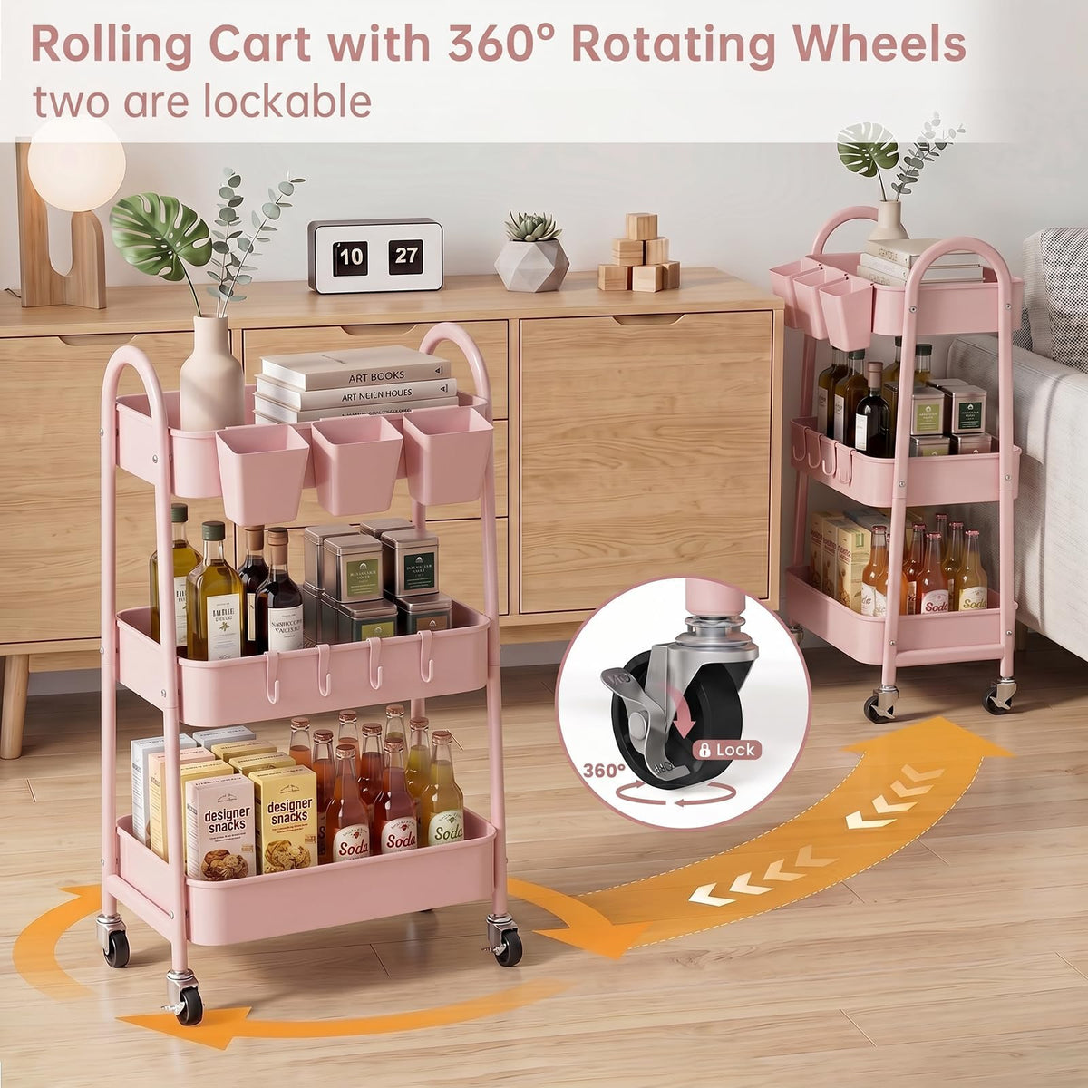 danpinera 3-Tier storage trolley, Metal storage cart with Lockable Wheels & Hanging Cups & Hooks, storage trolley on wheels for bathroom, kitchen