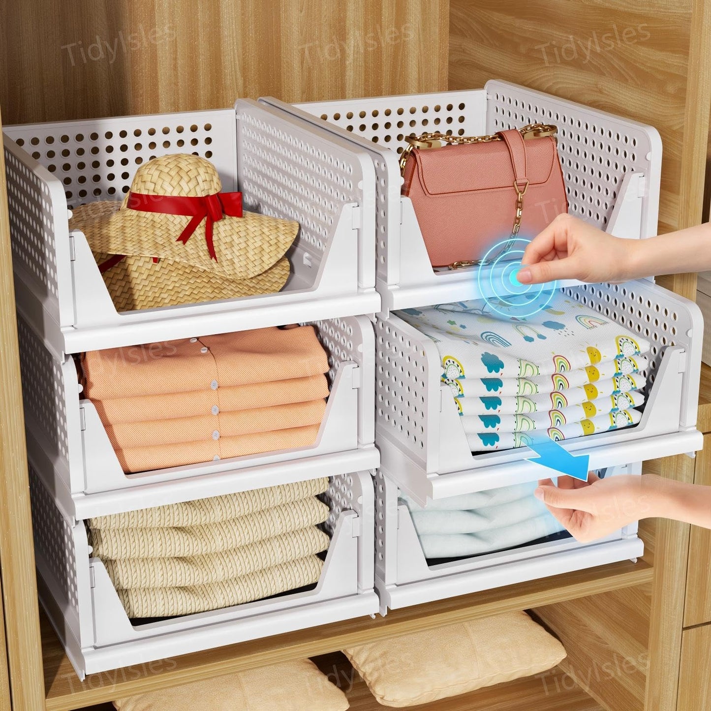 TidyIsles Wardrobe Storage Organiser, 4 Pack Folding Closet Organisers, Stackable Storage Boxes