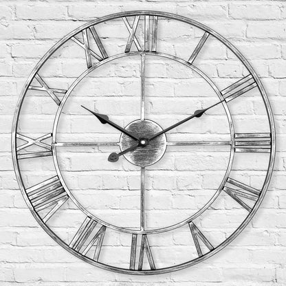 LENAUQ Silent Metal Skeleton Wall Clock, 60cm European Farmhouse Vintage Clock with Roman Numeral, Non-Ticking Battery Operated Hanging Wall Clock for