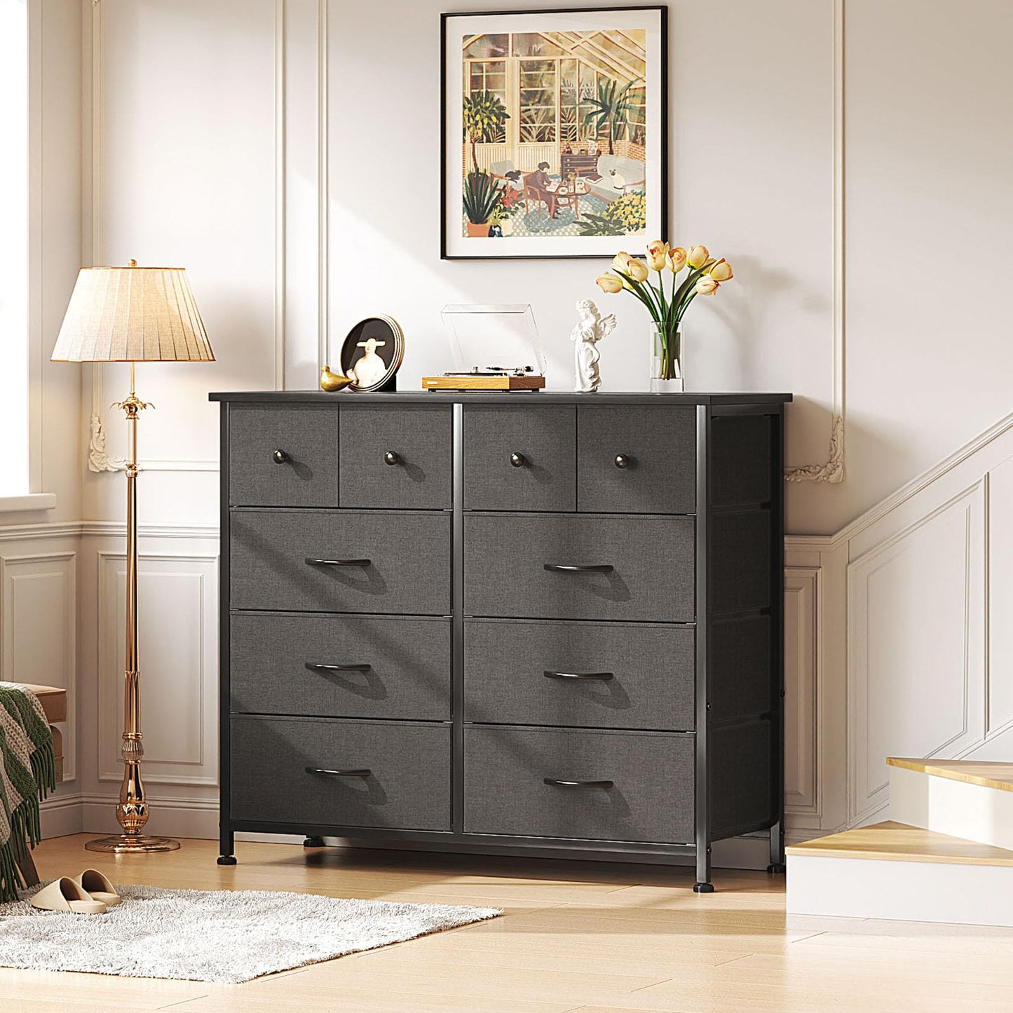 CAIYUN Chest of Drawers, Fabric Dresser for Bedroom with 10 Drawers, Storage Drawer Units for Hallway, Living Room, Closet, Black