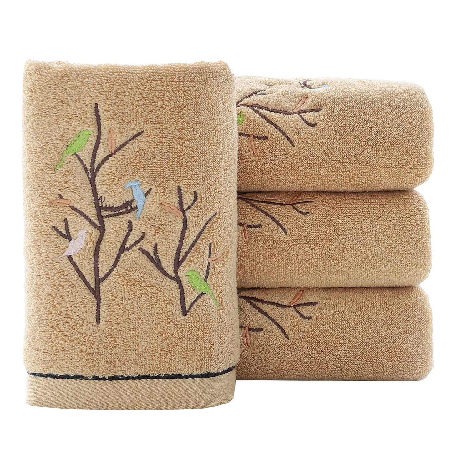 Pidada Hand Towels Set of 4 Embroidered Bird Tree Pattern 100% Cotton Absorbent Soft Decorative Towel for Bathroom 35 x 75 cm (Brown)