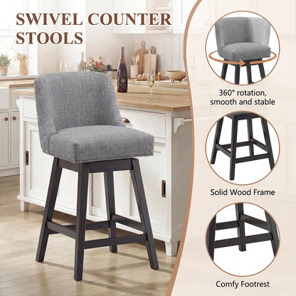 Bar Stools Set of 6, 360° Swivel Upholstered Counter Stools with Back, Wooden Frame Kitchen Bar Chairs with Nailhead Trim