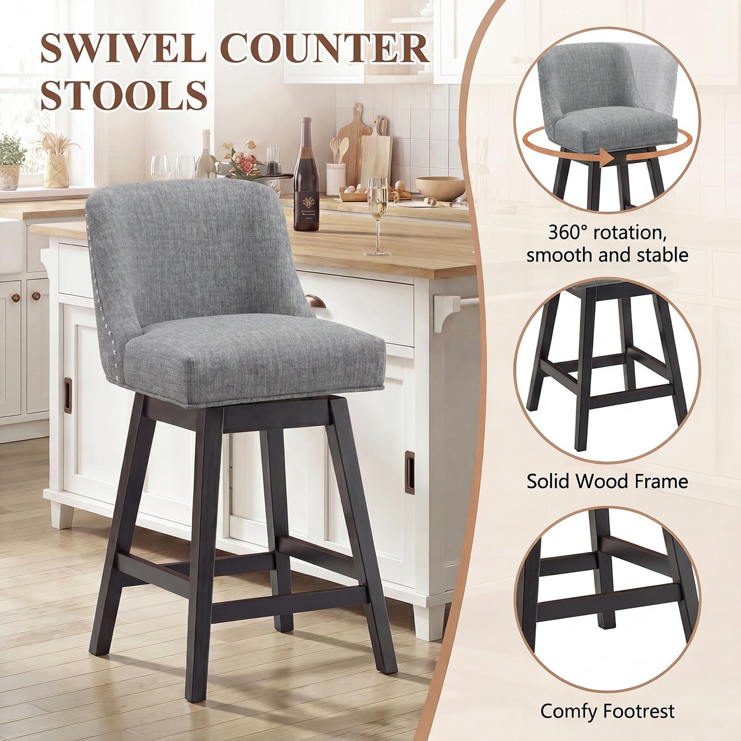 Bar Stools Set of 4, 360° Swivel Upholstered Counter Stools with Back, Wooden Frame Kitchen Bar Chairs with Nailhead Trim