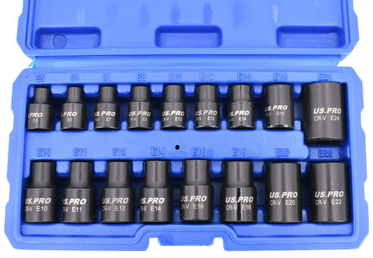 Impact E Torx Star Sockets Female E5 to E24 3/8? and 1/2'' Drive 17pc Set US Pro