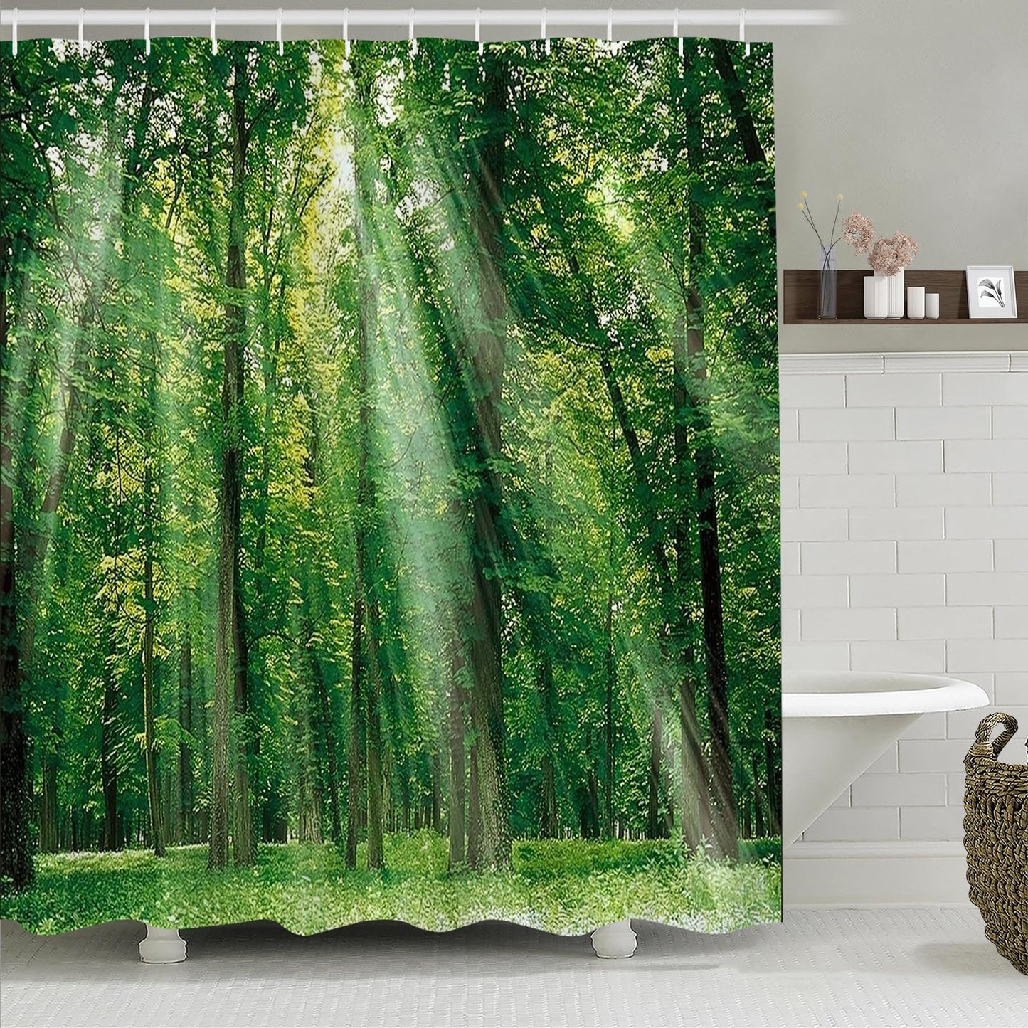 Simpomsy Green Forest Shower Curtain, Green Jungle Tall Trees Sunshine Shower Curtains, Nature Landscape 3D Scenery Bathroom Curtains