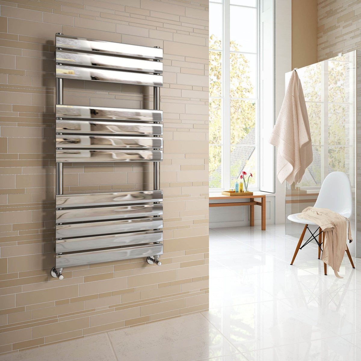 iBathUK Zerith Wall Mounted Flat Panel Heated Towel Rail, 12 Column Slim Flat Steel Hydronic Central Heating High Thermal Output Designer Bathroom