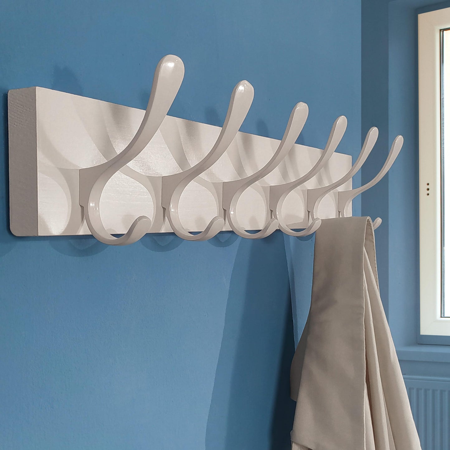 SKOLOO Coat Rack Wall Mount - Wooden White Wall Coat Hook, Pack of 2, Wall Coat Hanger Rack with 6 Hooks for Hanging Coats, Hats, Clothing, Scarfs,