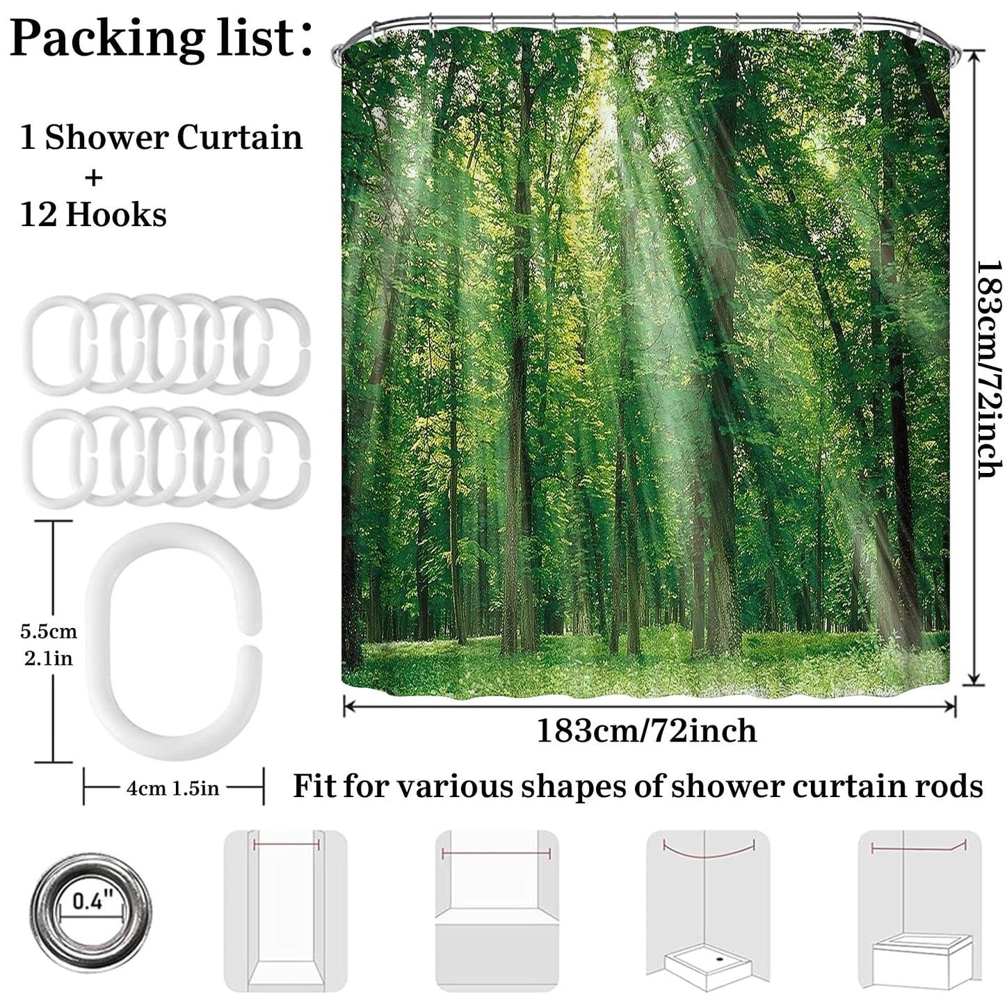 Simpomsy Green Forest Shower Curtain, Green Jungle Tall Trees Sunshine Shower Curtains, Nature Landscape 3D Scenery Bathroom Curtains