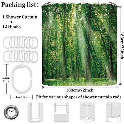 Simpomsy Green Forest Shower Curtain, Green Jungle Tall Trees Sunshine Shower Curtains, Nature Landscape 3D Scenery Bathroom Curtains