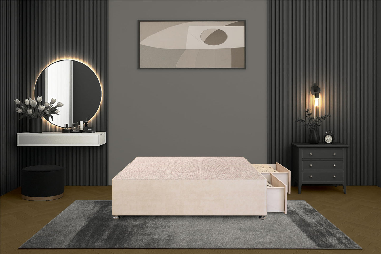 Bed Centre Flexby Divan Bed Base Only with 2 Drawers (Same Side), No Headboard - Available in 3FT, 4FT, 5FT & 6FT (3FT Single, Plush Ivory Fabric)