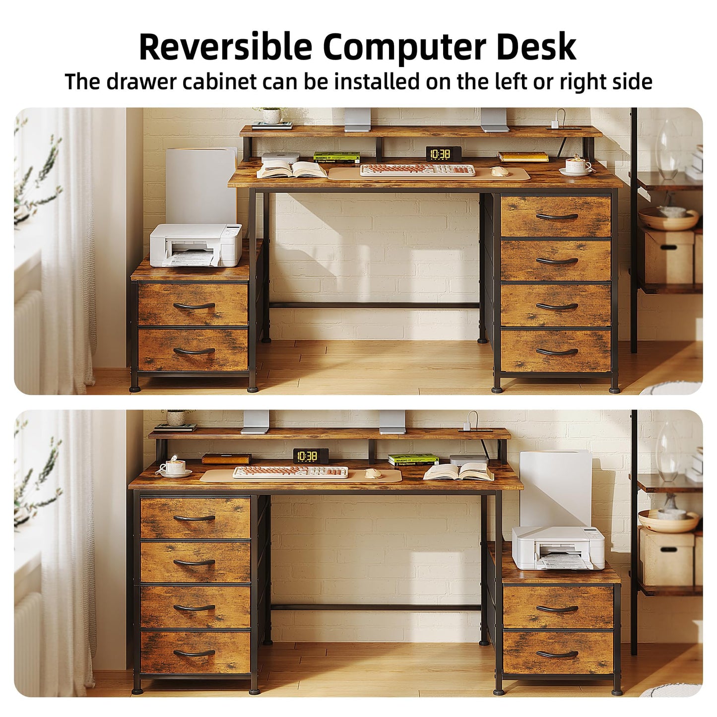 Flrrtenv 128cm Desk with Fabric File Cabinet, Computer Desk with Shelves and Drawers, Writing Table with Monitor Stand