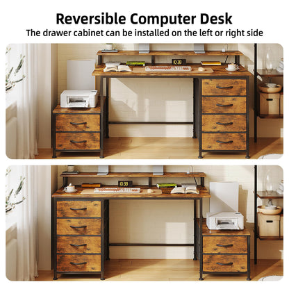 Flrrtenv 128cm Desk with Fabric File Cabinet, Computer Desk with Shelves and Drawers, Writing Table with Monitor Stand