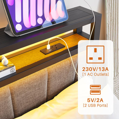 BORPHOM Double Bed Frame with Storage and LED Lights,4ft6 Metal Platform Bed Frame Double Size Bed Base with Charging Station,Mattress Base,Strong