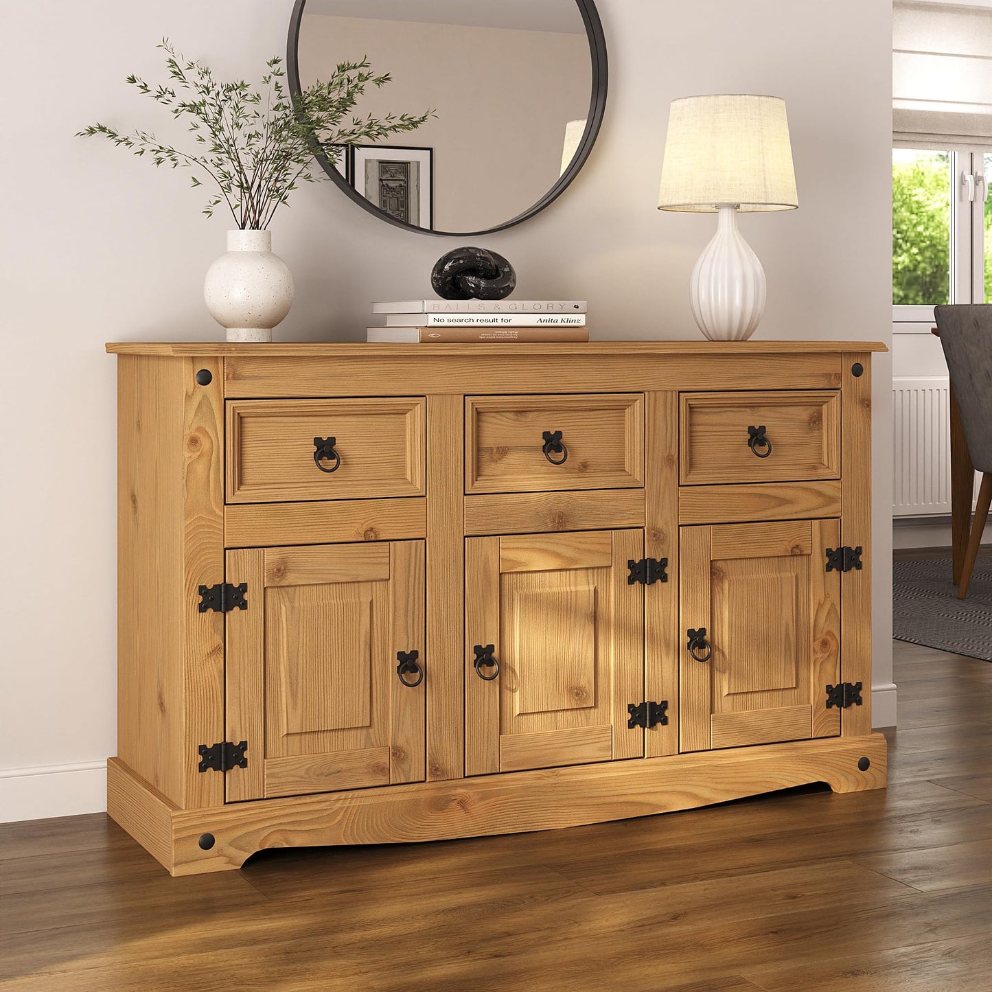 Corona Sideboard 3 Door 3 Drawer Mexican Style Solid Pine Wood Cupboard with Wax Finish Black Metal Hardware W 125 cm x D 40 cm x H 76 cm