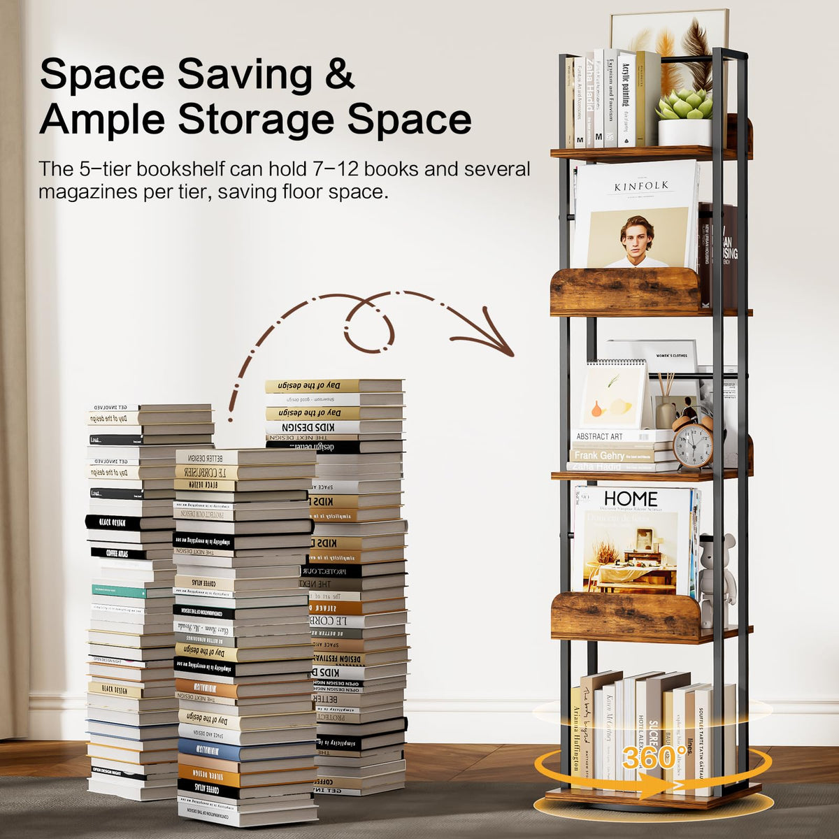 Bikoney 5-Tier Rotating Bookshelf, Tall Industrial Corner Book Tower