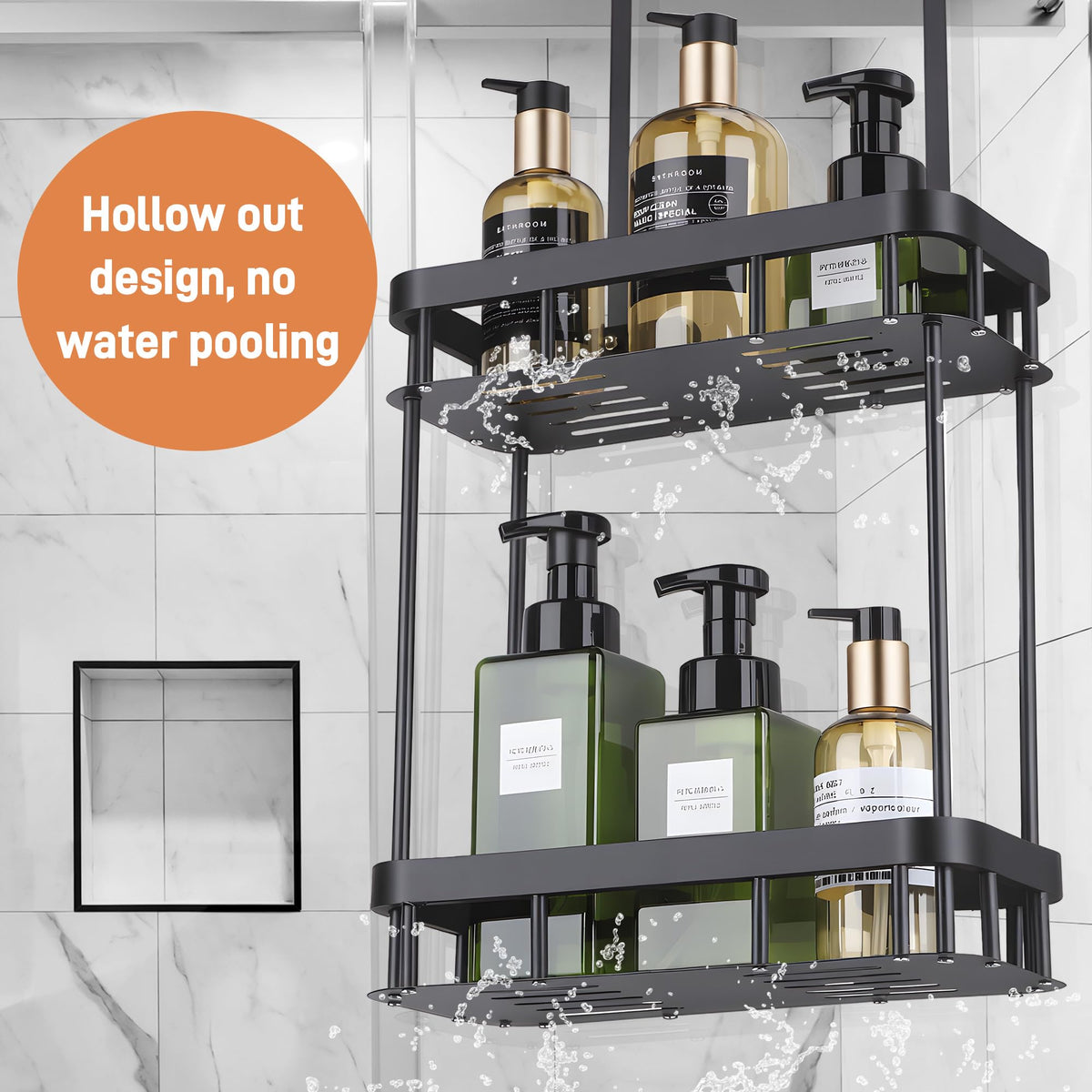 MICHIHOMIE Shower Caddy Hanging, 2 Tier Hanging Shower Organiser No Drilling, Stainless Steel Black Bathroom Storage Basket for Shampoo, Conditioner
