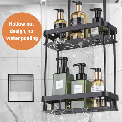 MICHIHOMIE Shower Caddy Hanging, 2 Tier Hanging Shower Organiser No Drilling, Stainless Steel Black Bathroom Storage Basket for Shampoo, Conditioner