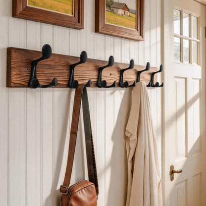 HONSKY Wall Mounted Coat Rack, 91cm BrownPine Wood Base, 6 Black Sturdy Aluminium Alloy Triple Hooks(18 Hanging Points)