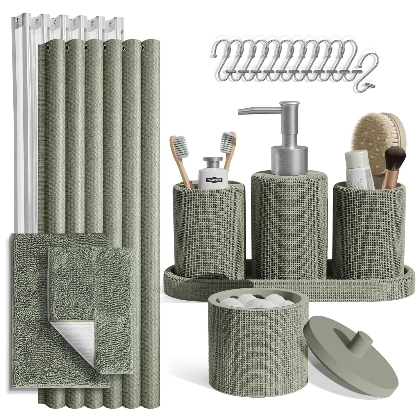 Clara Clark Sage Green Bathroom Set - Bathroom Sets with Shower Curtain and Rugs, 21PC Bathroom Accessory Set