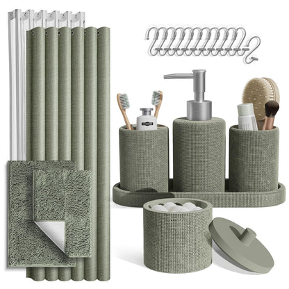 Clara Clark Sage Green Bathroom Set - Bathroom Sets with Shower Curtain and Rugs, 21PC Bathroom Accessory Set