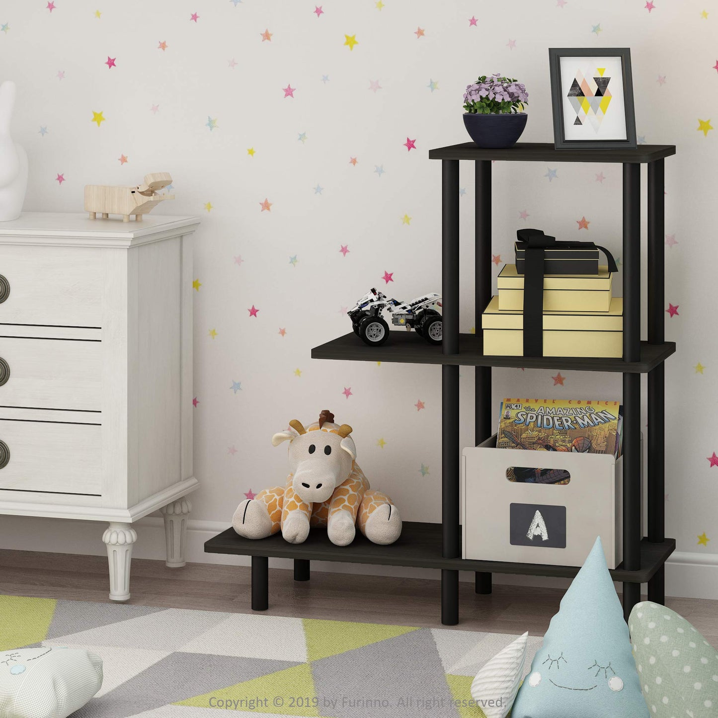 Furinno TURN-N-TUBE Side Table, 3-Tier Tall L-Shape End Table with Open Shelf, Tall Toolless Night Stand, Bedside Table, for Living Room, Bedroom