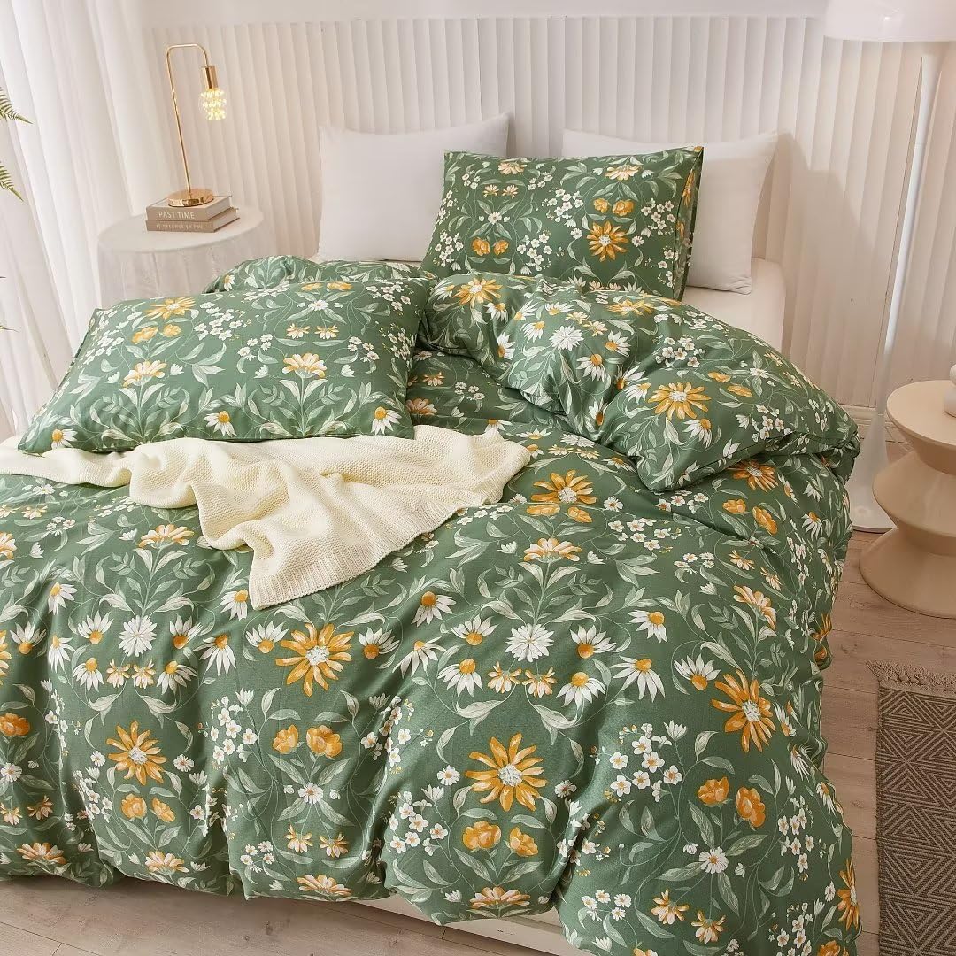 Ruccit Green Floral Duvet Cover Set Double 100% Cotton Duvet Cover Double Bed 3pcs Garden Yellow White Flowers Bedding Set with Zipper Closure Corner