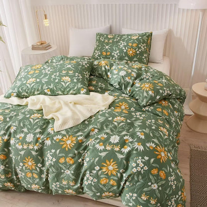 Ruccit Green Floral Duvet Cover Set Double 100% Cotton Duvet Cover Double Bed 3pcs Garden Yellow White Flowers Bedding Set with Zipper Closure Corner