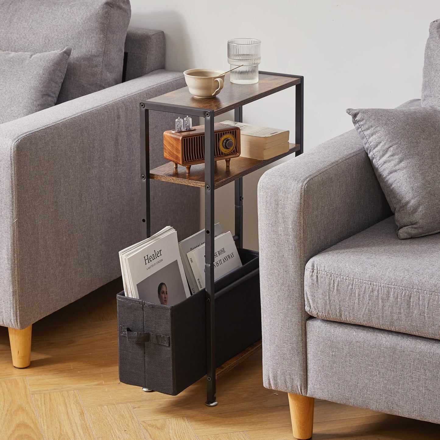 Aibiju Side Table,3-Tier Small Narrow Side Table with Storage Shelf,Slim End Tables with Fabric Basket for Narrow and Small Spaces,Rustic