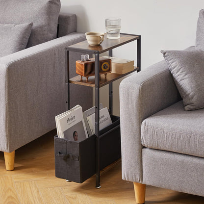 Aibiju Side Table,3-Tier Small Narrow Side Table with Storage Shelf,Slim End Tables with Fabric Basket for Narrow and Small Spaces,Rustic
