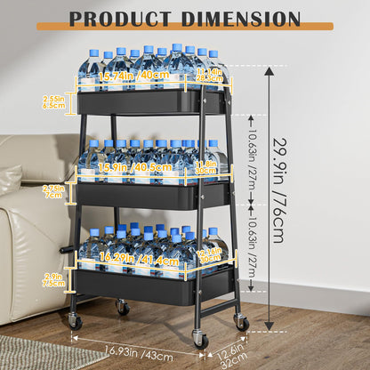StowBin 3 Tier Metal Storage Trolley with Wheels – Rolling Utility Cart with Handle and Mesh Shelves for Kitchen, Bathroom, Office – Black