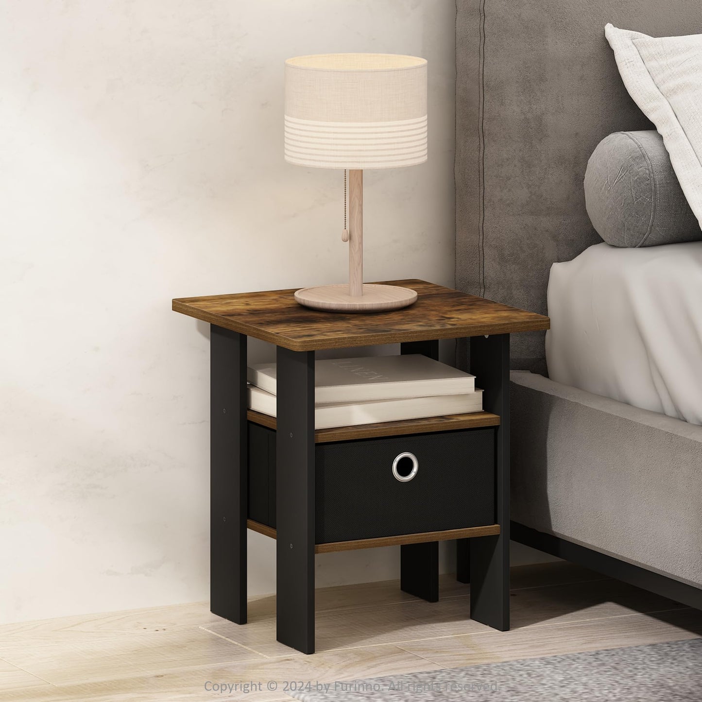Furinno TIDUR Bedside Table with Storage Bin, Amber Pine