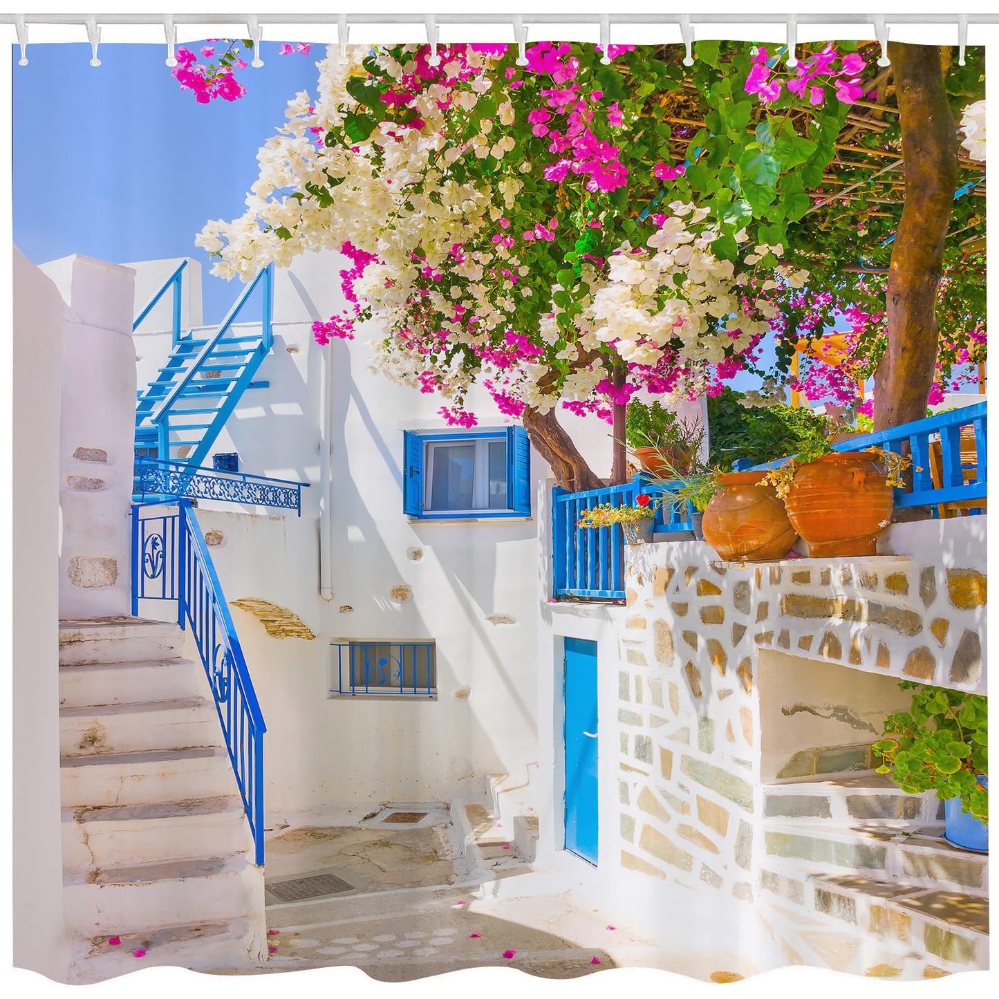 JOOCAR Design Shower Curtain Traditional Street and Door Architecture Detail with Flowers in Greece Home Decor Waterproof Cloth Fabric Bathroom Decor