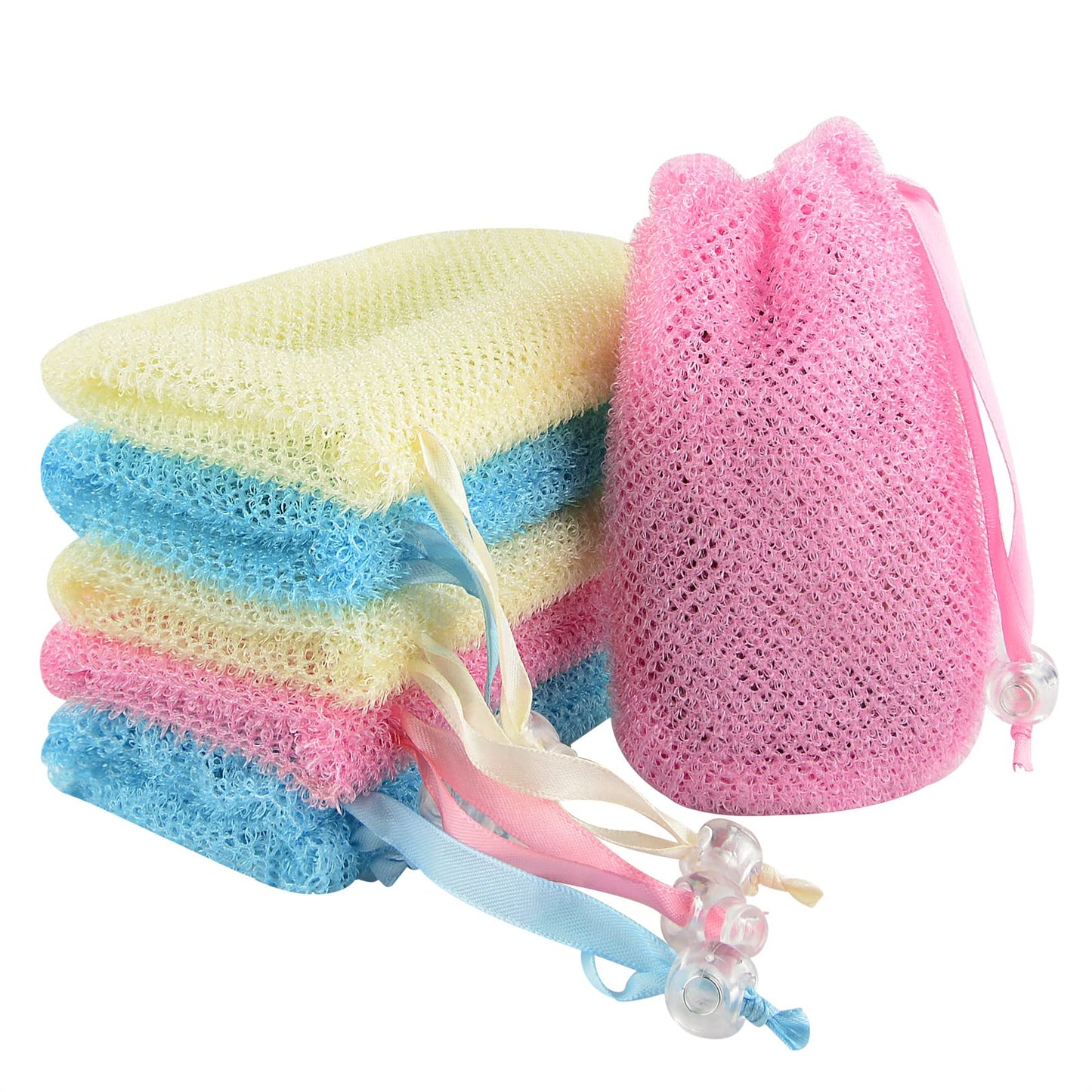Linkidea 6 Pack Exfoliating Mesh Soap Bag Saver Set, Wholesale Nylon Pouch with Drawstring, Body Scrubber Pocket Holder for Bath Shower