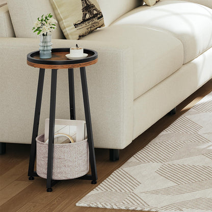 HOOBRO Round Side Table, 2 Tier Bedside Table with Storage Basket, Round Small Table Accent Corner Table Compact Sofa Table for Small Spaces