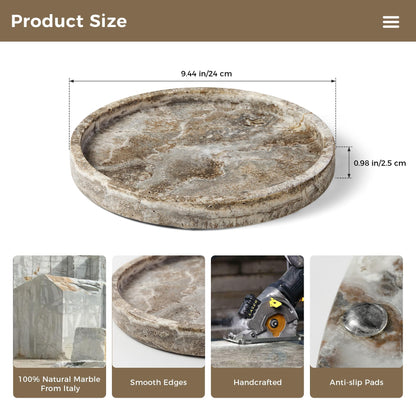 WORHE Round Marble Vanity Tray, Gray Travertine,Natural Marble Stone 24cm D