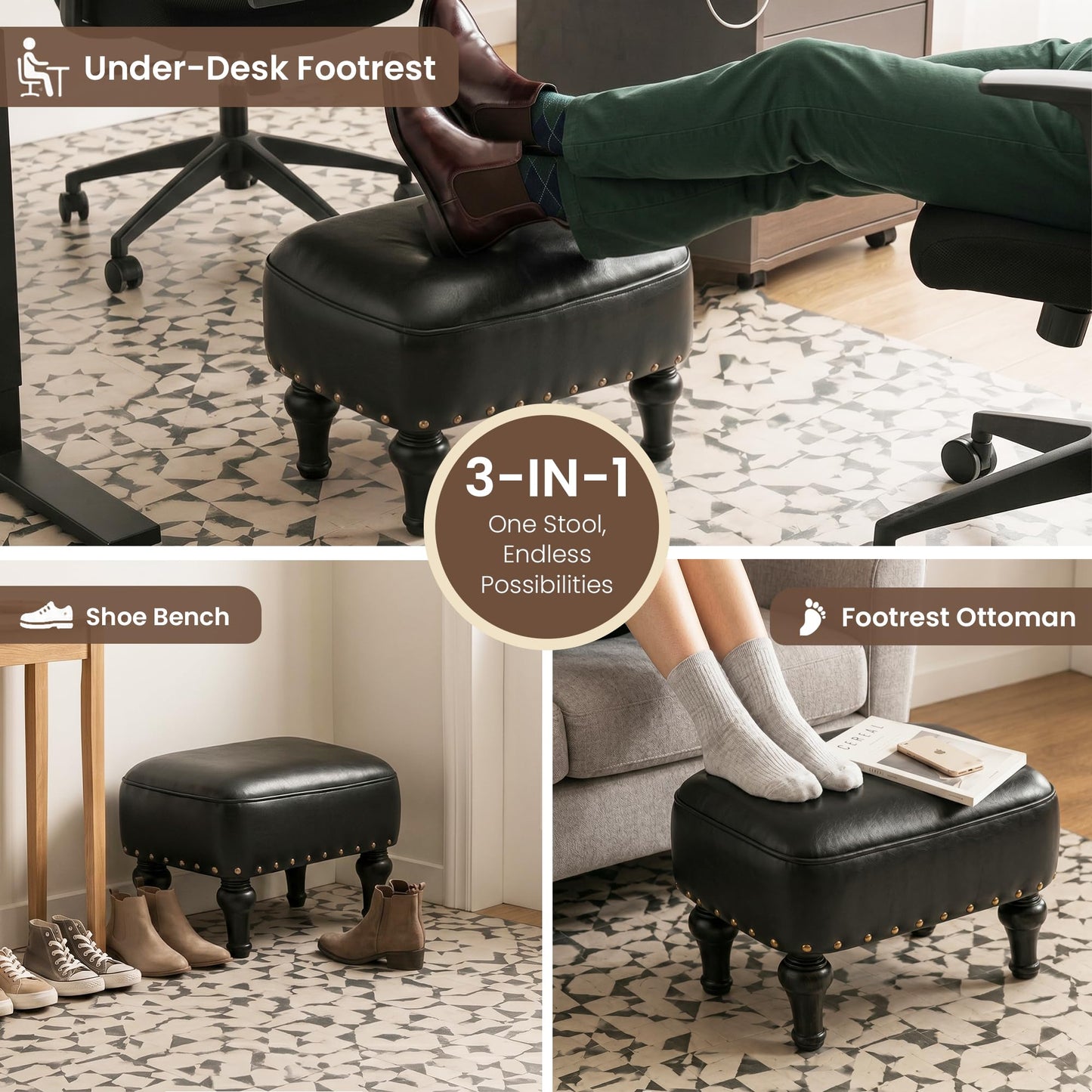 Cmishe Ottoman Leather Foot Rest with Thicker Foam Padded Seat, Footstool with Wooden Legs