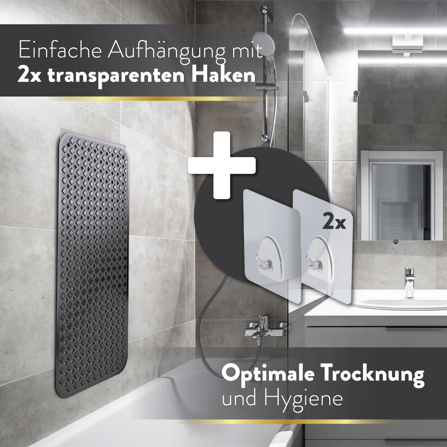 BAMONDO Bath Mat Non-Slip & Skin Sensitive (Black) - 88 x 39 cm - Machine Washable | Mould-Free | BPA Free