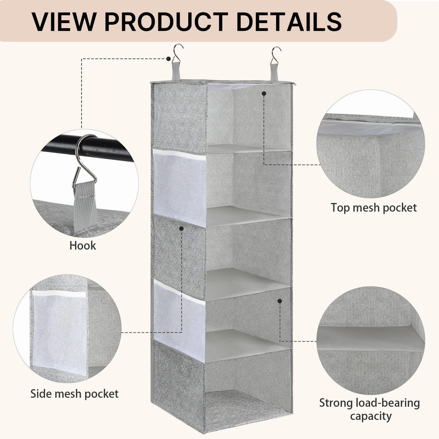 flaxarne Heavy-Duty Hanging Closet Organizer with Hook Foldable 5-Shelf Storage Shelves for Clothes Shoes Towels Undergarments 40 * 12 * 12 Inches