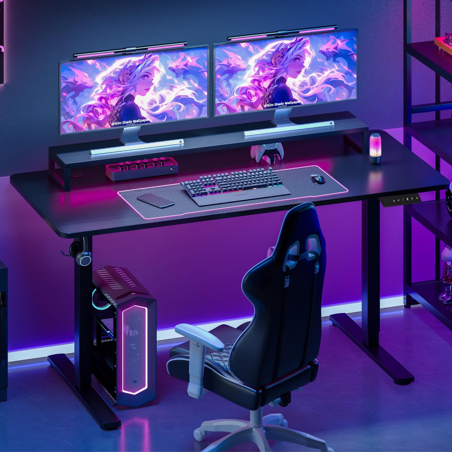 SANODESK 140x60cm Electric Standing Desk Height Adjustable Gaming Standing Desk with Hooks & Cupholder Sit Stand Desk with Organizer Home Office Desk
