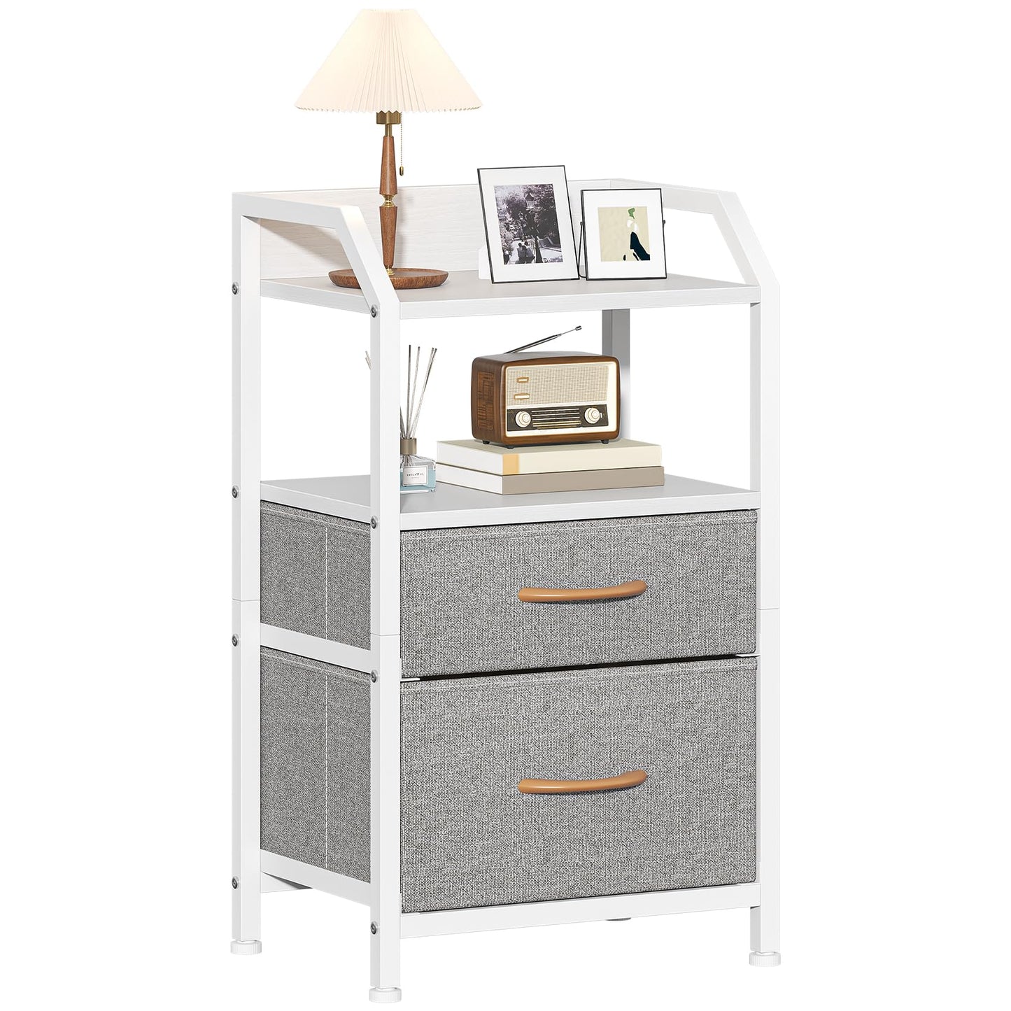 Feonase Bedside Table with 2 Fabric Drawers & Open Shelf - Sturdy Metal Frame Nightstand, Compact End Table for Bedroom, Living Room, Small Spaces